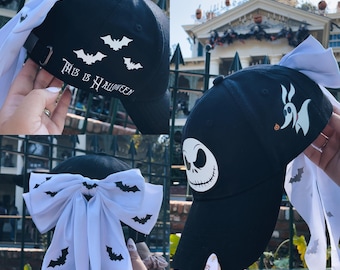 PRE ORDER processing time 2-3 weeks!!Nightmare before Christmas inspired Baseball hat with detachable bow // Spooky Season // Halloween // J