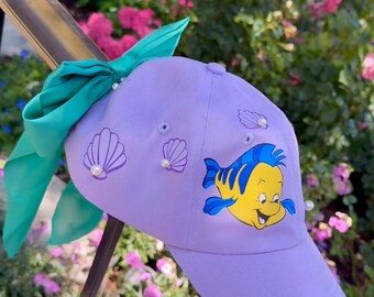 PRE ORDER processing time 2-3 weeks! Ariel // Little mermaid // Flounder // inspired baseball hat with interchangable bow // Princess