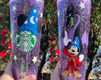 Mickey and Dragon Fantasmic inspired snowglobe tumbler // Maleficent // show // mouse // gift idea // sorcerer