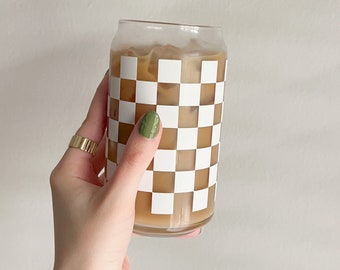 Neutral Retro Checkered Glass Can, 16oz, Iced Coffee Cup