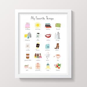 PERSONALIZED Favorite Things Art Print | 20 Custom Hand Drawn Images | Choose Your Favorites | PRINTABLE art print | bright and colorful