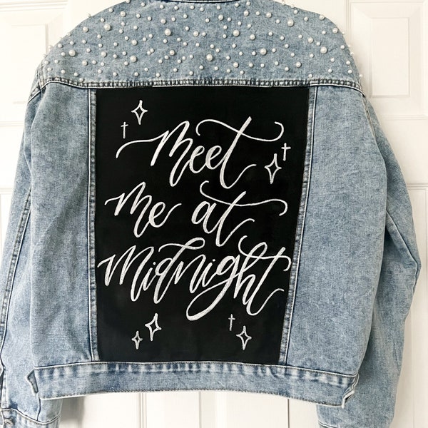 Custom Hand Painted Pearl Denim Jacket | Hand-Lettered Custom Pearl Jean Jacket | Wedding | Future Bride | Bride Gifts | Taylor Swift