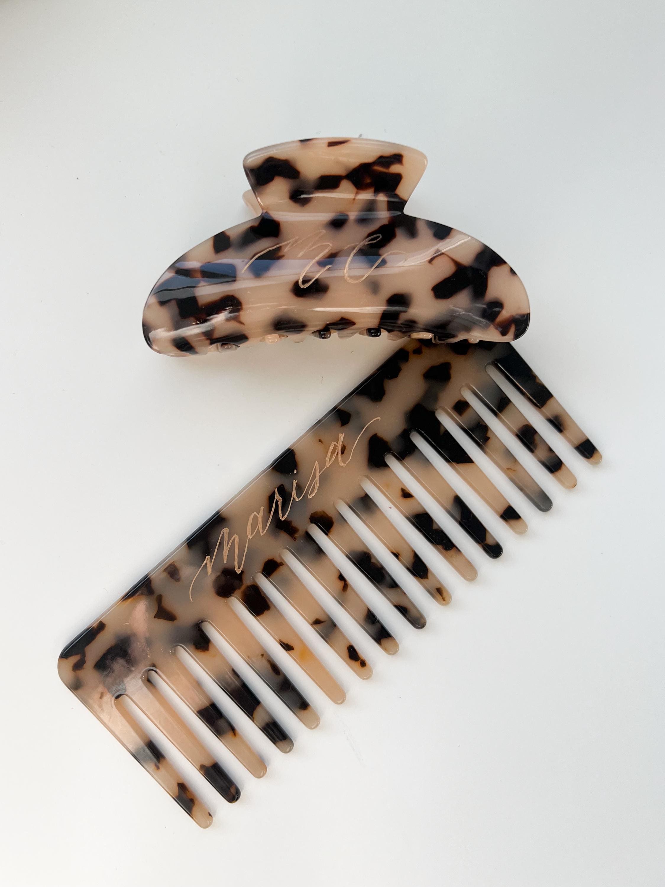 Comb Back Clips Personalized Engraved Wide Tooth Comb and Claw Clip, Custom Tortoise ...