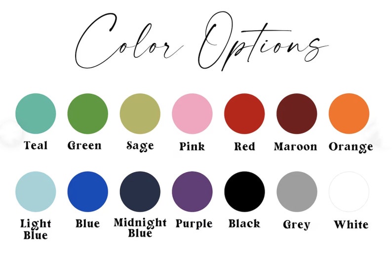 Może przedstawiać: Obraz przedstawiający paletę kolor&oacute;w z napisem "Color Options" w ozdobnej czcionce. Paleta zawiera 15 opcji kolorystycznych, w tym turkusowy, zielony, szałwiowy, r&oacute;żowy, czerwony, kasztanowy, pomarańczowy, jasnoniebieski, niebieski, granatowy, fioletowy, czarny, szary i biały.