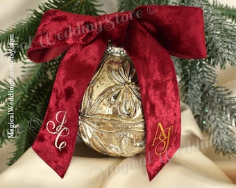 Personalized Velvet Bow | Monogram Christmas Ornament, Wedding Decor | Silk Velvet Ribbon | Christmas Velvet Ribbon | Christmas Logo