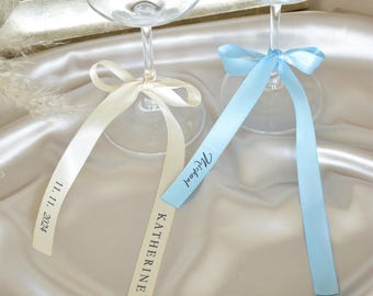 Personalized 15mm Wine Glass Ribbon, Custom Wedding Champagne Glass Bow Personalized Satin Ribbon Name Tags Drink Name Tags Name Place Cards
