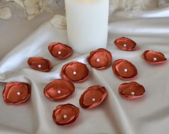 Terracotta Satin Flowers Appliques, Rust Satin Roses, Rust Flower Appliques, Terracotta Wedding Decor Sew on Fabric Flowers (15 pcs)