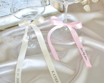 15mm Personalized Wine Glass Stick On Bow, Custom Wedding Champagne Glass Bow, Custom Satin Bow Name Tags, Drink Name Tags, Name Place Cards