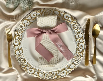Christmas Velvet Ribbon Bow | Personalized Embroidered Velvet Ribbon Place Setting | Embroidery for Wedding | Double sided Velvet Ribbon Bow
