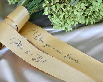 Gold Personalized Bridal Bouquet Ribbon for Flowers, Wedding Flower Ribbon, Personalized Vowels, Wedding Keepsake, Personalized Satin Ribbon