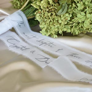 White Personalized Bridal Bouquet Ribbon for Flowers, Transparent Tulle Wedding Flower Ribbon Personalized Vowels Wedding Keepsake