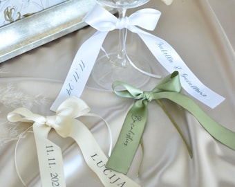 Personalized Wine Glass Tie On Bow, Custom Wedding Champagne Glass Bow, Personalized Satin Bow Name Tags, Drink Name Tags Name Place Cards