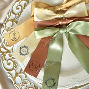 Personalized Monogram Satin Ribbon Bow | Custom Wedding Place Setting | Napkin Ribbon Name Tag | Ribbon Bow Wedding Table Decor | Logo Name