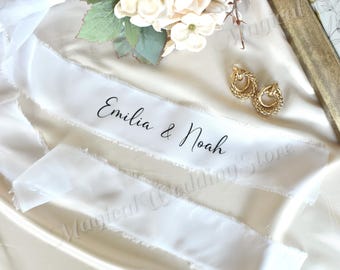 White Personalized Bridal Bouquet Ribbon for Flowers,Vinyl Text,Transparent Tulle Wedding Flower Ribbon Personalized Vowels Wedding Keepsake