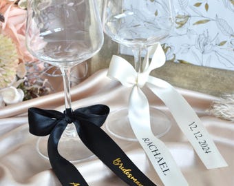 Personalized Wine Glass Ribbon, Vinyl Text, Custom Champagne Glass Ribbon, Satin Ribbon Name Tags, Drink Name Tags, Wedding Name Place Cards