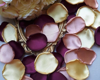 Pétales de rose bordeaux, pétales de fleurs dorées, pétales faits main en bronze, décoration d'allée, décoration de table, pétales de fille d'ornement