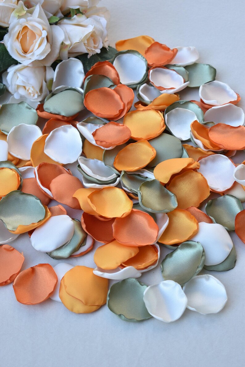 Sage Green Rose Petals, Ivory, Orange, Burnt Orange Rose Petals Fall Wedding Decor Flower Girl Petals Olive Green Decor Boho Wedding Decor image 1