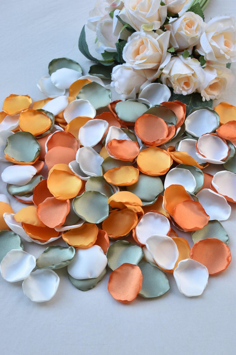 Sage Green Rose Petals, Ivory, Orange, Burnt Orange Rose Petals Fall Wedding Decor Flower Girl Petals Olive Green Decor Boho Wedding Decor image 4