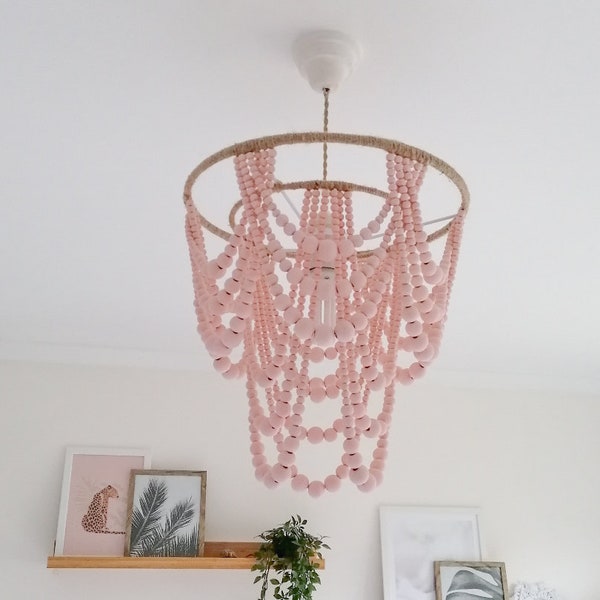 Pink beaded Chandelier | Beaded Chandelier | Pink Chandelier | Nursery pendant light | Wooden beaded Chandelier | Girls boho bedroom