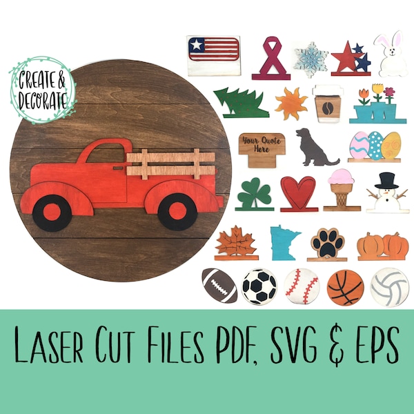 Interchangeable Vintage Truck Glowforge Laser Cut Files, svg, pdf, eps, png, 25 Shapes, Seasonal, Sports, Fun Shapes, Holidays