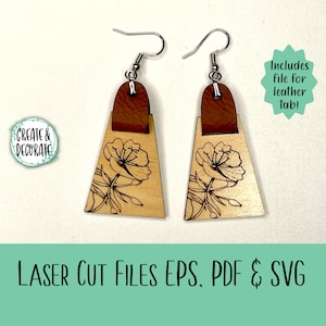 Brinco Arquivos Digitais Corte a Laser. Trapézio com Gravura Floral. Somente arquivos digitais SVG, EPS e PDF