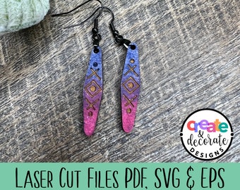 Small Elongated Rounded Diamond Shaped Engraved Earrings Digital File. Eps, pdf, svg