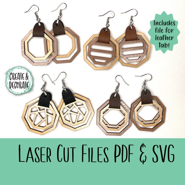 Earring Laser Cut Digital Files Bundle of 4 Octagon Designs with Leather Tab File. SVG, EPS, PDF Digital Files Only
