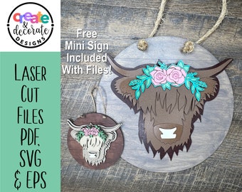 Highland Cow Round Sign Laser Cut Files svg, pdf, eps
