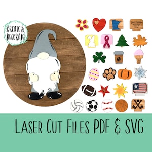 May include: A set of laser cut SVG and PDF files for crafting. The files include a gnome, a flower, a heart, a state of Minnesota, a coffee cup, a snowflake, a pumpkin, a paw print, a baseball, a basketball, a football, a volleyball, a soccer ball, a star, a sun, a tree, a leaf, a shamrock, a ribbon, a bunny, a ice cream cone, and a sign that says "Your Custom Message Here".