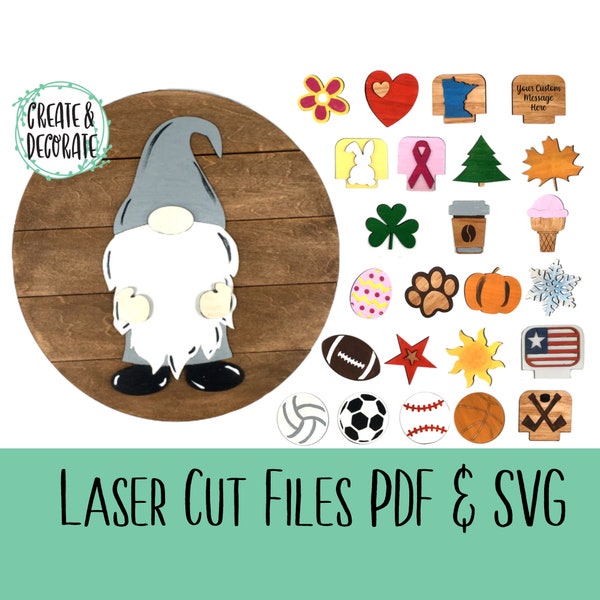 Interchangeable Gnome Laser Cut Files, SVG, PDF, 24 Shapes, Seasonal, Sports, Fun Shapes, Holidays