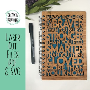 Always remember you are braver than you believe laser cut files notebook cover for wooden notebook or journal. SVG & PDF files.