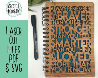 Always remember you are braver than you believe laser cut files notebook cover for wooden notebook or journal. SVG & PDF files.
