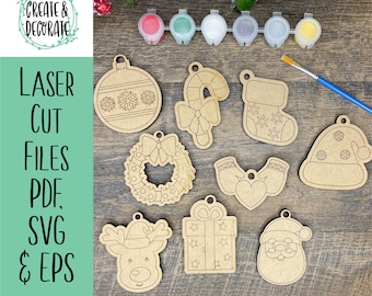 Christmas Ornaments for DIY Craft Kits, kids coloring kits laser cut files, svg, png, eps