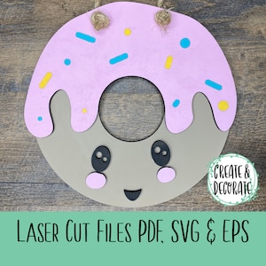 Donut/Doughnut Sign in Kawaii Style for DIY craft kit for kids. Laser cut files in eps, svg & pdf.