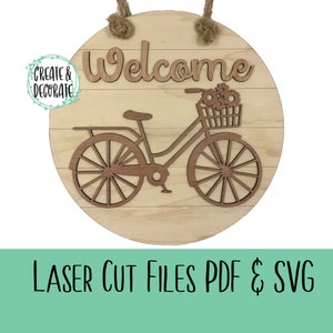 Welkom Shiplap bord met fiets en bloemenmand Lasergesneden bestanden SVG en PDF