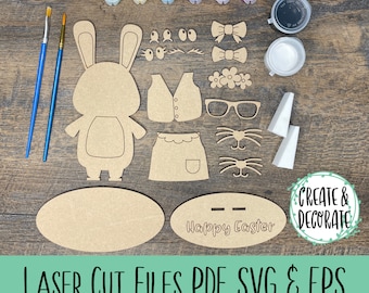 Easter Bunny with custom faces and clothes for DIY Craft Kits, kids coloring kits laser cut files, svg, png, eps