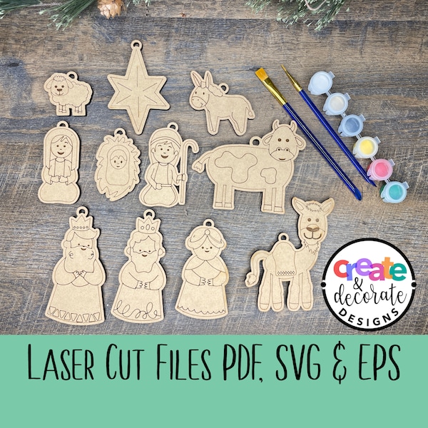 Christmas Nativity/Manger Ornaments for DIY Craft Kits, kids coloring kits laser cut files, svg, png, eps