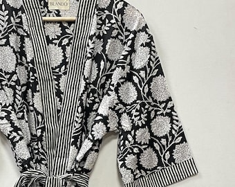 Vestaglia kimono in cotone indiano, vestaglia da damigella d'onore con stampa a blocchi, pigiama estivo, taglia unica