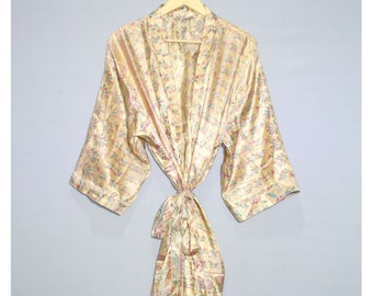 Kimono en soie, kimono vintage, kimono sari en soie, grande taille, peignoir, tenues de plage, robe d'été, cadeaux pour elle, kimono pour femme PS-487