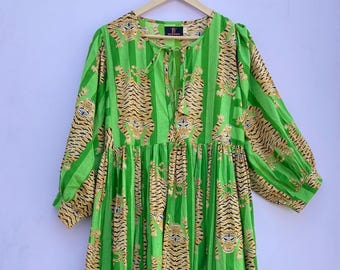 Vestido midi indio con estampado de bloques a mano, vestido bohemio de algodón con estampado de tigre para mujer