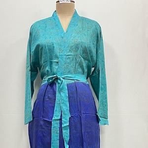 Sari Silk Kimono Robe / Women&#39;s Long Kimono Jacket / Silk Kimono For Women / Silk Long Dressing Gown / Lightweight Beach Cover Up