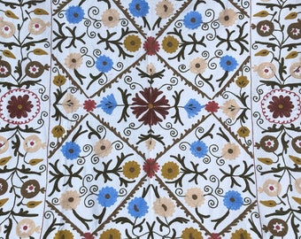 Cotton Suzani Bedspread, Twin Floral Embroidery Quilt, Boho Wall Hanging