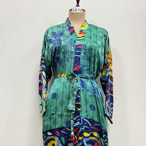Handmade Boho Robe | Silk Lounge Wear | Colorful Bohemian Beach Cover Up | Crepe Silk Long Kimono | Comfortable Summer Kimono