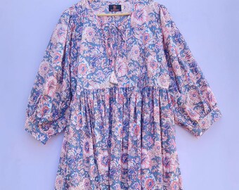 New Kyra Midi Dress, Mini Dress, Floral Long Block Print Dress, Deep Neck With String Closer Cotton Dress