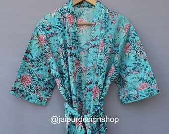 Brautjungfern-Kimonojacke aus Baumwolle, Robe im Boho-Stil, Damen-Streetwear, Flitterwochen-Robe, Baumwollkleid, Blockprint-Hausrobe