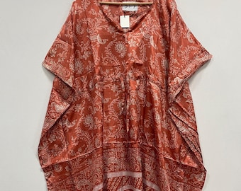 Vintage Floral Silk Kaftan Dress, Bohemian Maxi Tunic