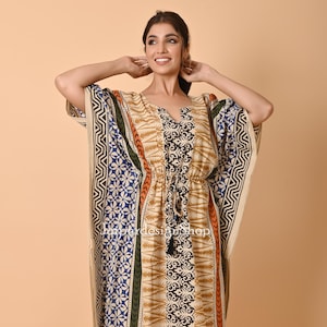 Summer Wear Bagru Print Cotton kaftan For Beach Cover Up, Indian Hand Block Night Gown, Women&#39;s Beach Wear Clothing