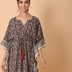 Summer Wear Bagru Print Cotton kaftan For Beach Cover Up, Indian Hand Block Night Gown, Women&#39;s Beach Wear Clothing, Hand Printed Tunics