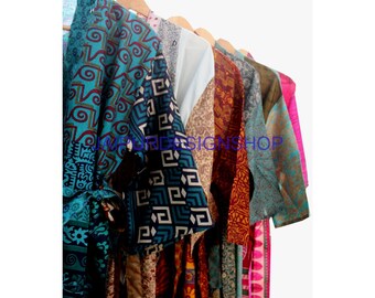 Wholesale Lot of 10 Vintage Silk Saree Kimonos, Patchwork Robes