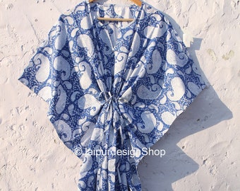 Paisley Hand Block floral print women's kaftan, cotton light weight summer wear, beach wear dress, maxi Gown nightwear